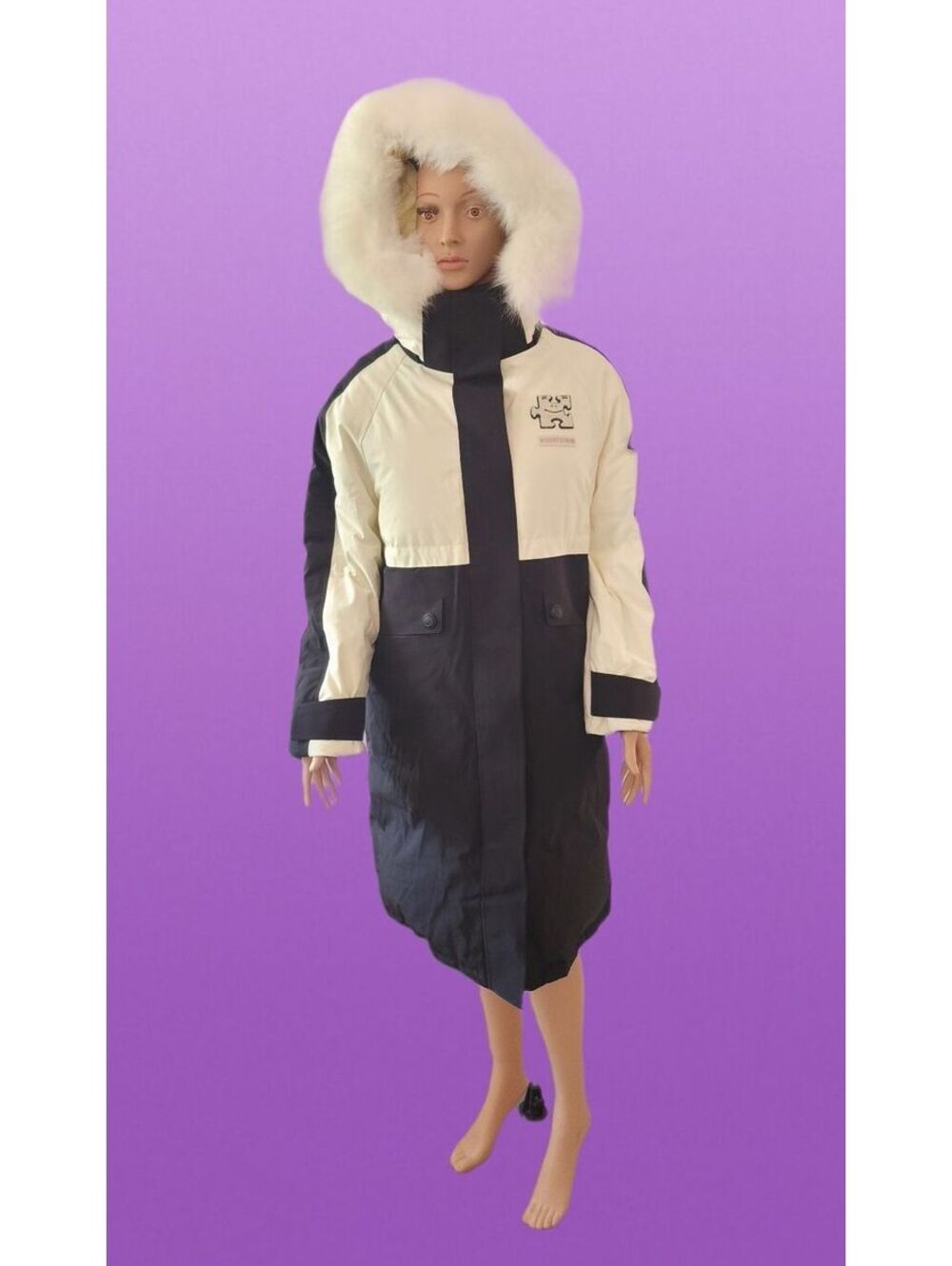 Size M Placebird. Long Black and White Winter Coat with White Fur Hood, Utility